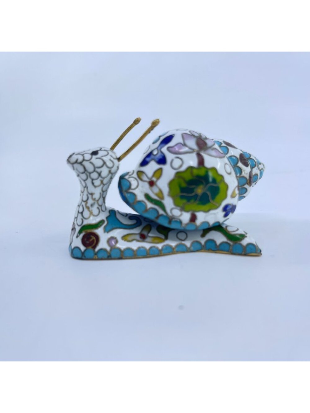 vintage cloisonné enamel snail figurine with hand-painted floral details